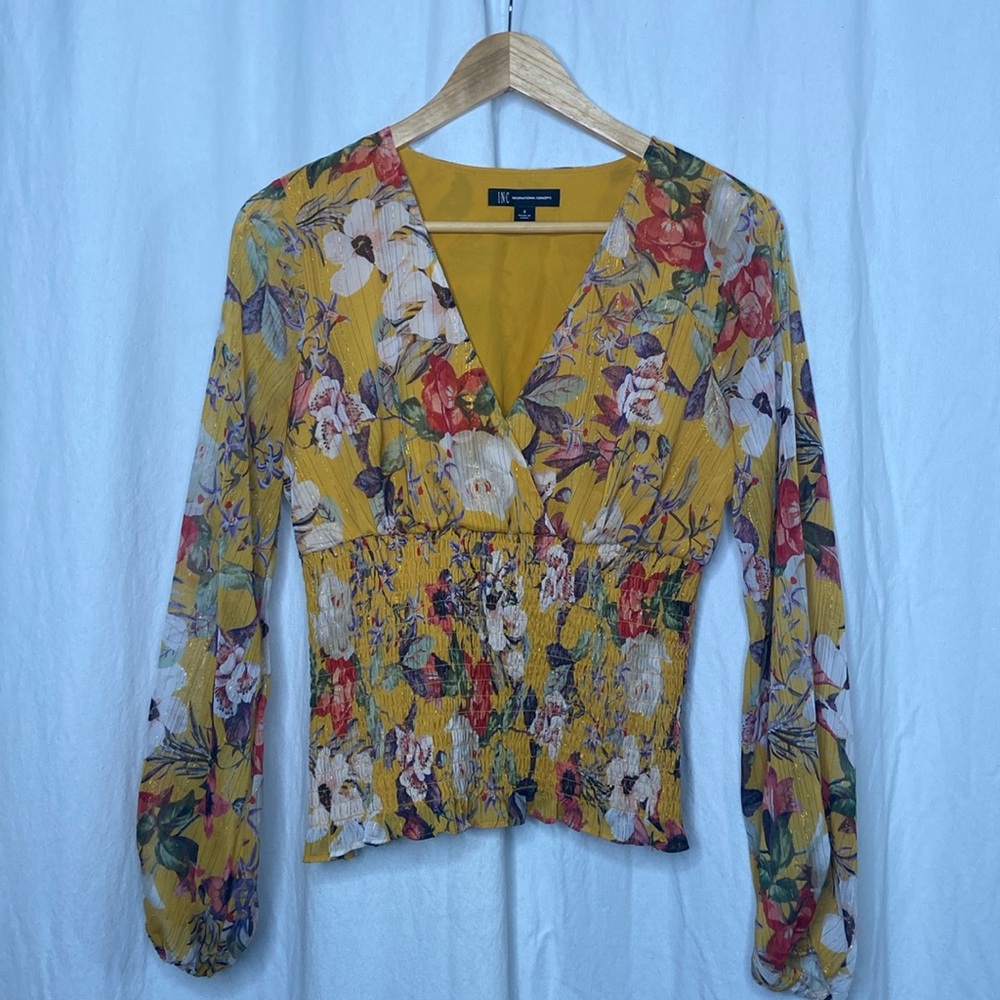 INC INTERNATIONAL CONCEPTS YELLOW FLORAL BLOUSE [SIZE: SMALL] [USED]